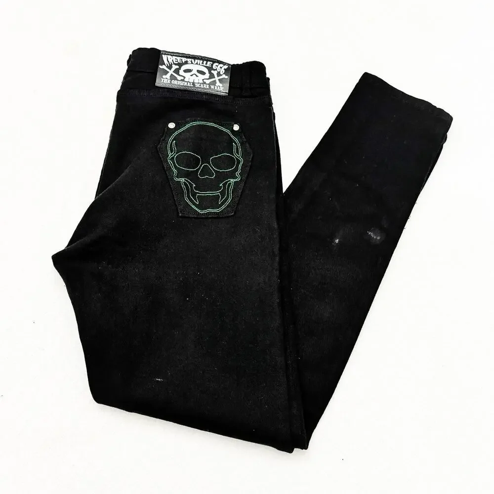 Kreepsville 66 Skeleton Printed Graphic Pocket Green Stitched Denim Jean Size 36